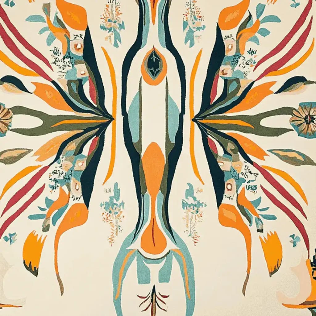 Vibrant abstract area rug featuring a symmetrical design with bold orange, teal, and black accents on a neutral background, creating an eye-catching centerpiece for modern decor.