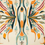 Vibrant abstract area rug featuring a symmetrical design with bold orange, teal, and black accents on a neutral background, creating an eye-catching centerpiece for modern decor.