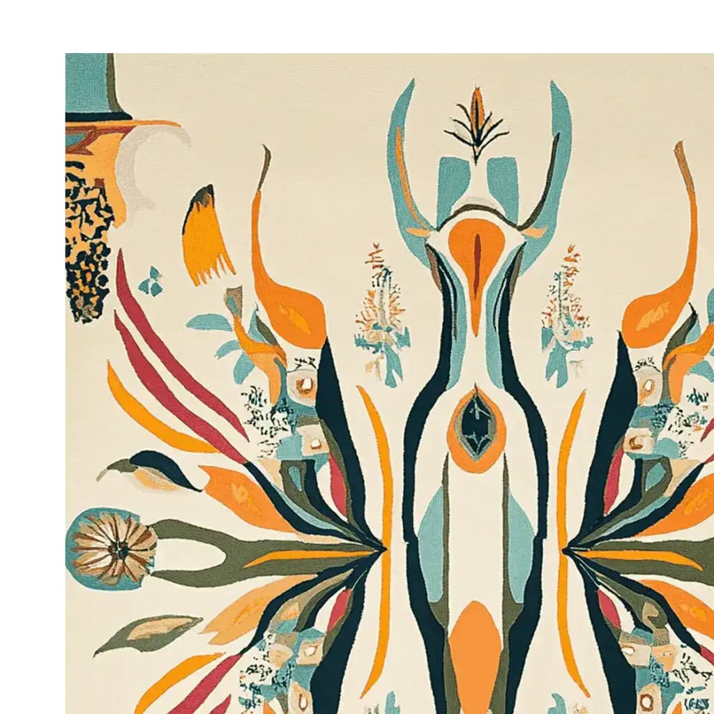 Vibrant Electric Abstract Pulse Hand Tufted Area Rug featuring an intricate design with bold colors including orange, blue, and teal, creating a dynamic and artistic centerpiece.