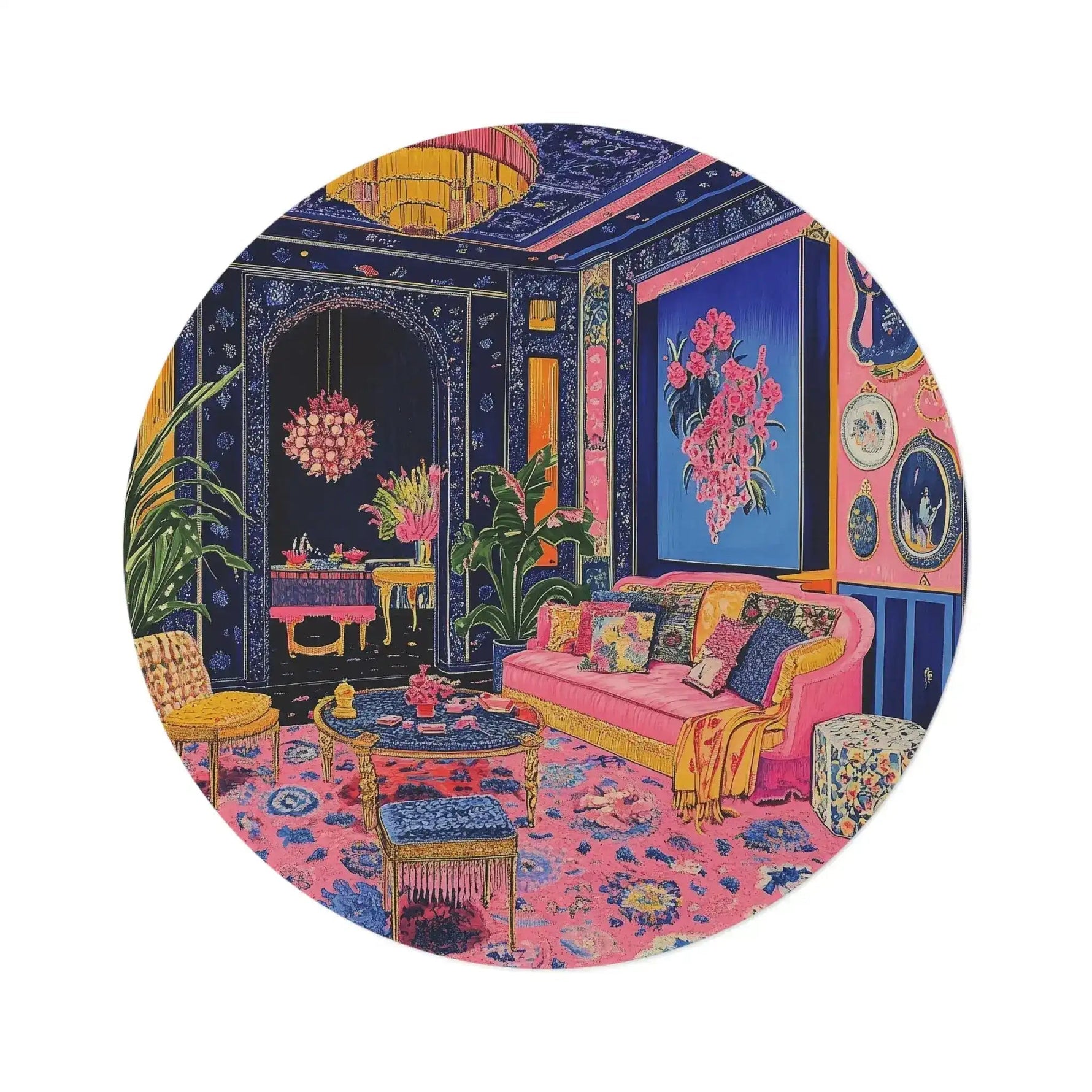 Round rug with vivid maximalist painted interior scene in bold pink, blue, and gold featuring ornate sofa and chandeliers, Electric Bloom Round Rug