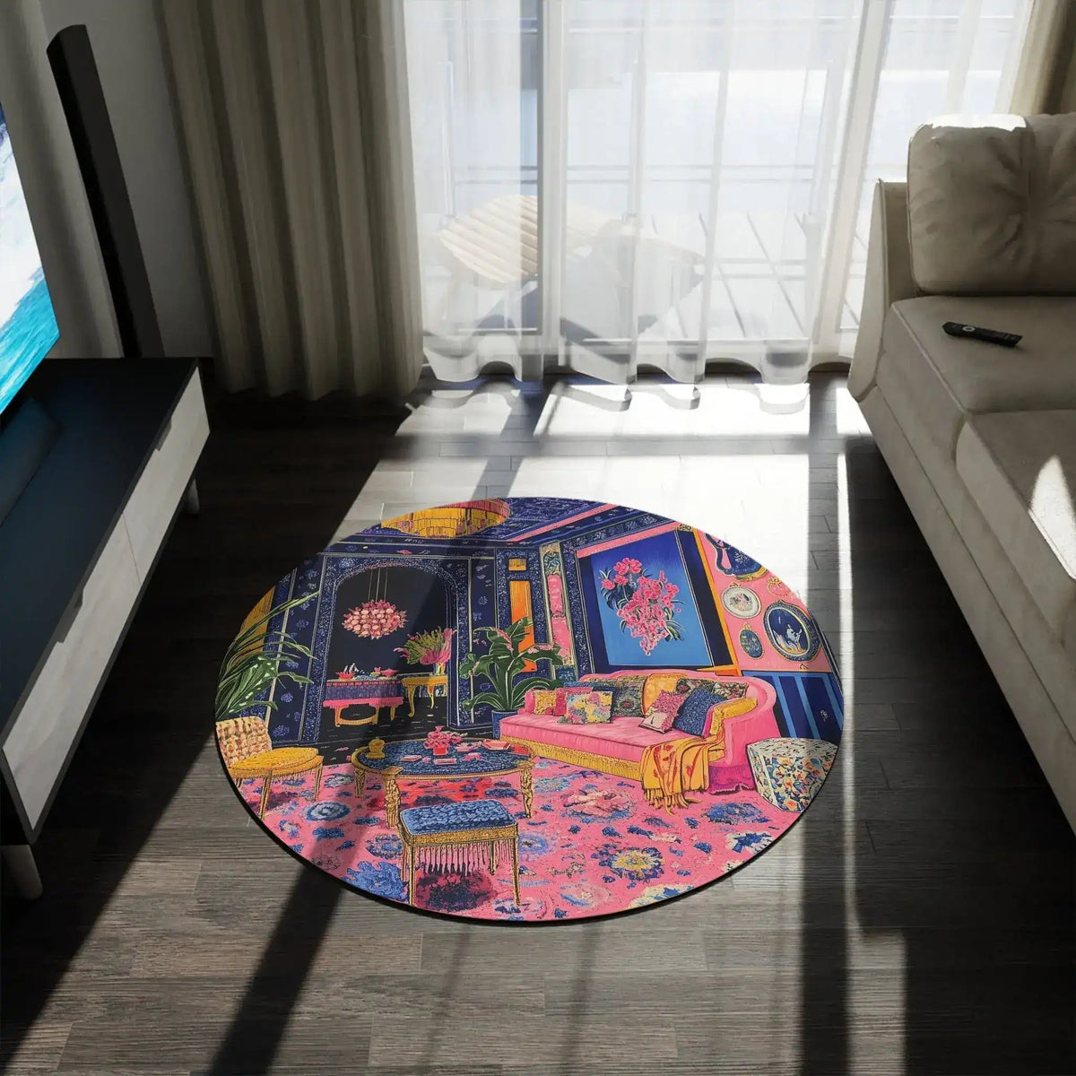 Electric Bloom Round Rug in moody living room with dark floor, TV stand, and bright balcony light