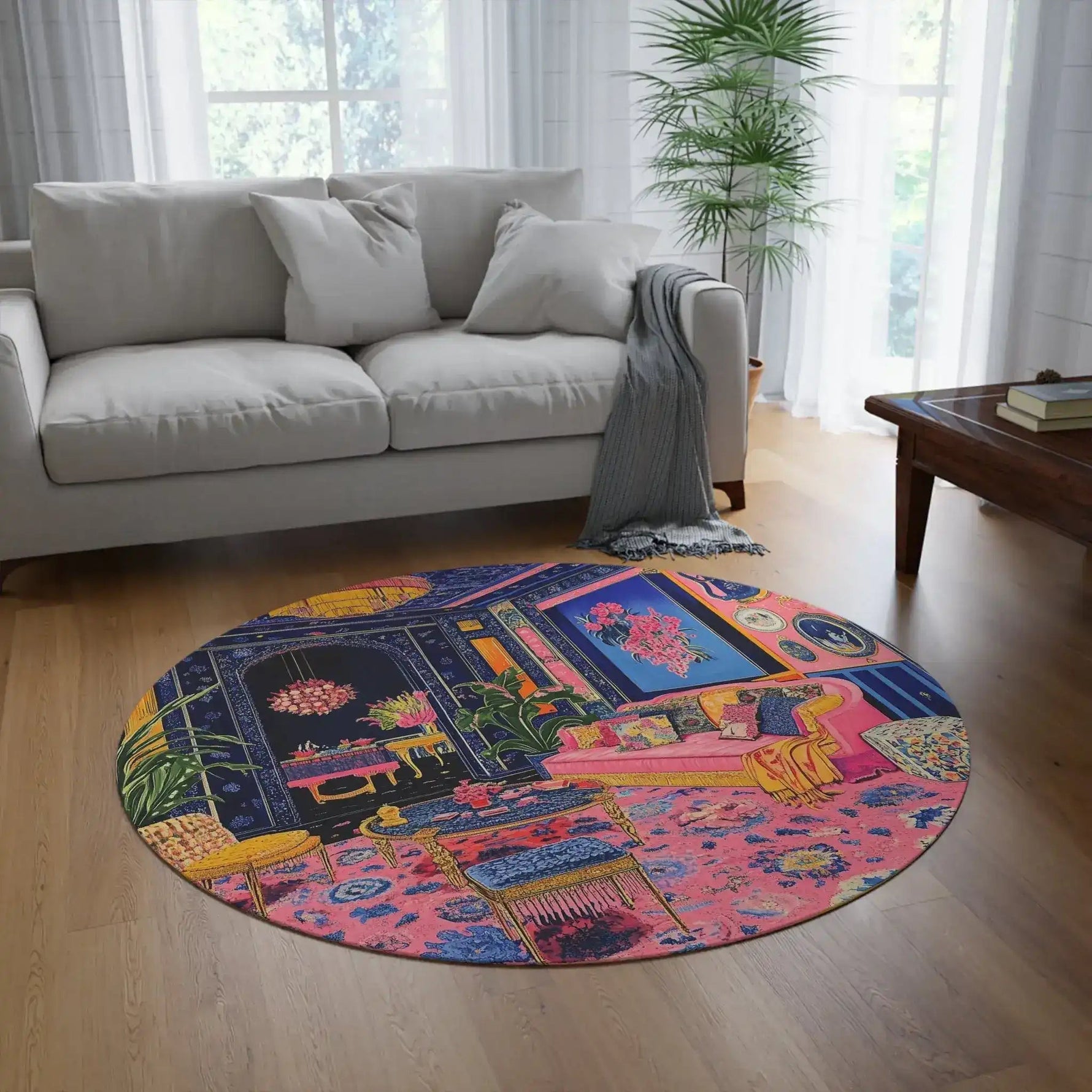 Electric Bloom Round Rug showing vibrant pink and blue ornate interior art on hardwood floor beside grey linen sofa
