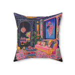 Square throw pillow with colorful illustrated room scene, pink sofa against dark ornate walls and large floral canvas, Electric Bloom Throw Pillow angled