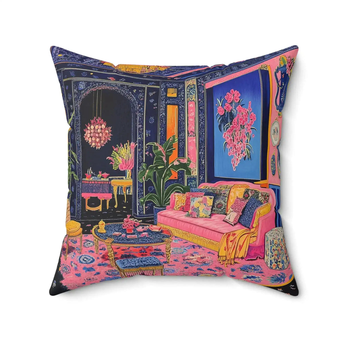Corner close-up of Electric Bloom Throw Pillow showing teal fabric with large pink blossoms and green leaves, rug-like texture visible at folded edge