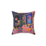 Square throw pillow with vivid maximalist interior print, navy room with hot-pink sofa, floral wall art and chandelier, Electric Bloom Throw Pillow front
