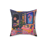 Square throw pillow with bold illustrated interior, deep navy walls and pink upholstered sofa, tropical plants, Electric Bloom Throw Pillow side