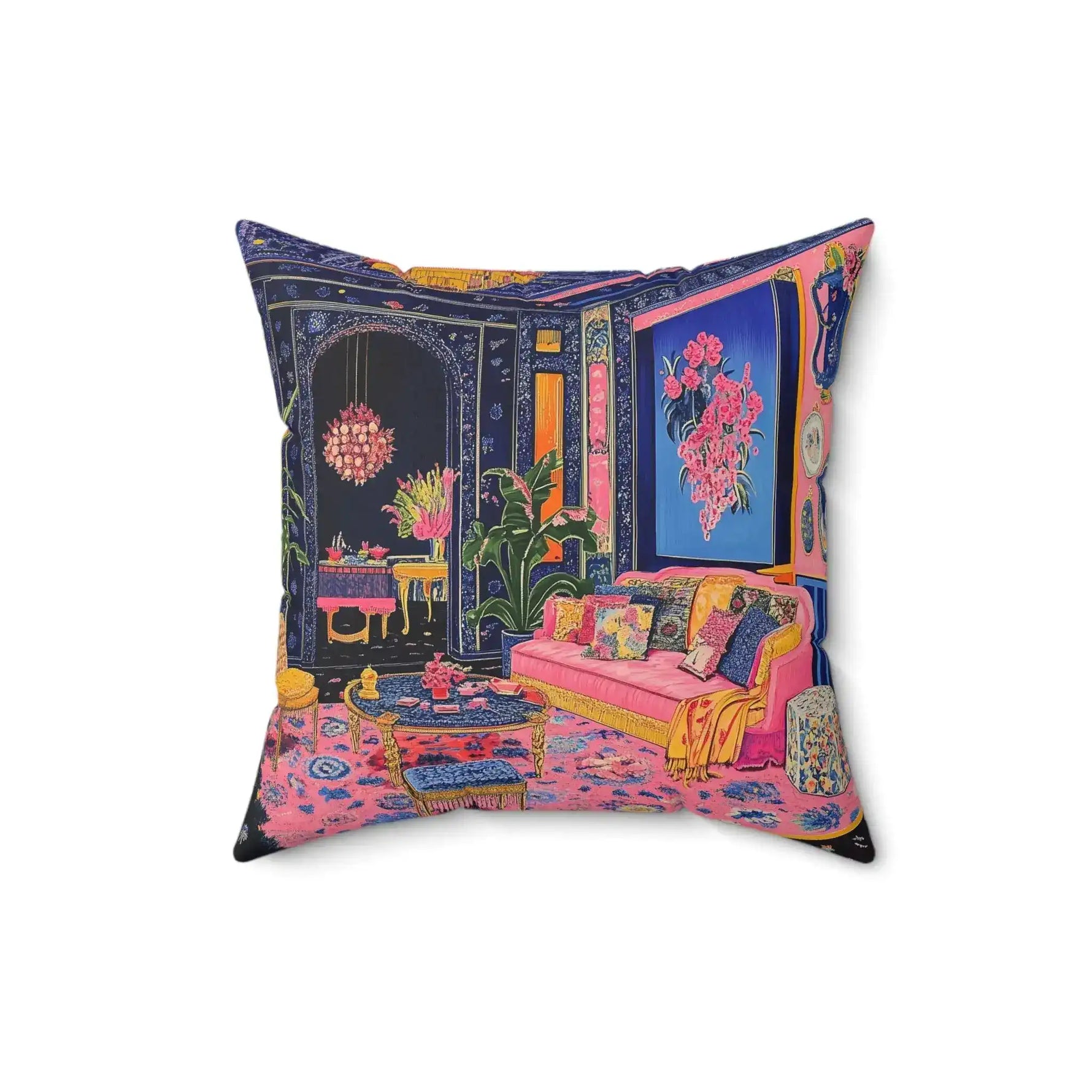 Square throw pillow with bold illustrated interior, deep navy walls and pink upholstered sofa, tropical plants, Electric Bloom Throw Pillow side