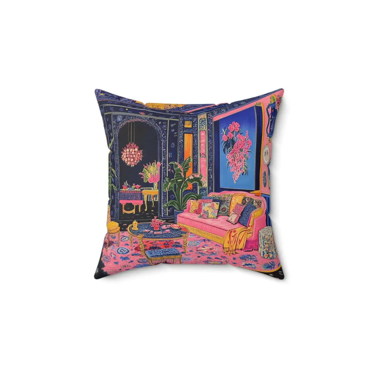 Close-up corner of Electric Bloom Throw Pillow showing white zipper closure, pink and navy floral interior print on fabric edge