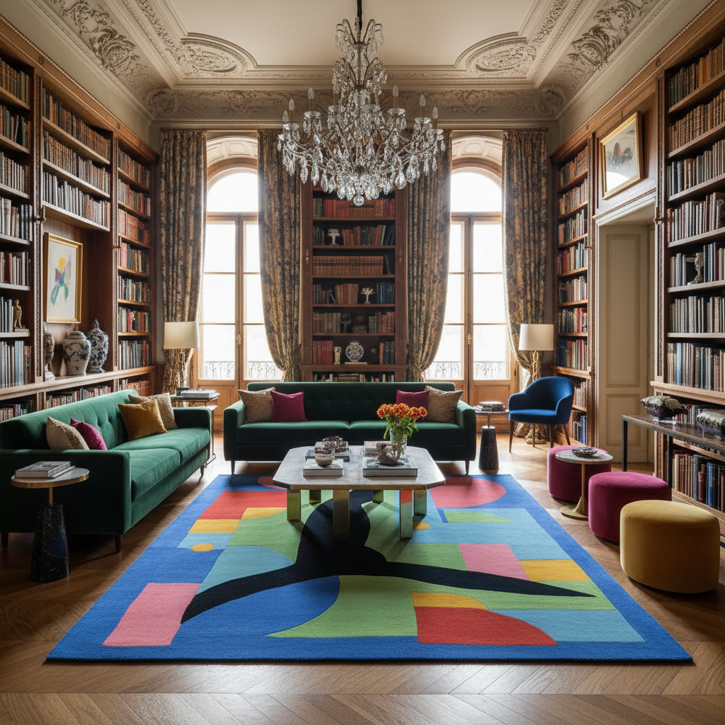 Luxurious living room with bookshelves, a colorful rug, and decorative furniture.