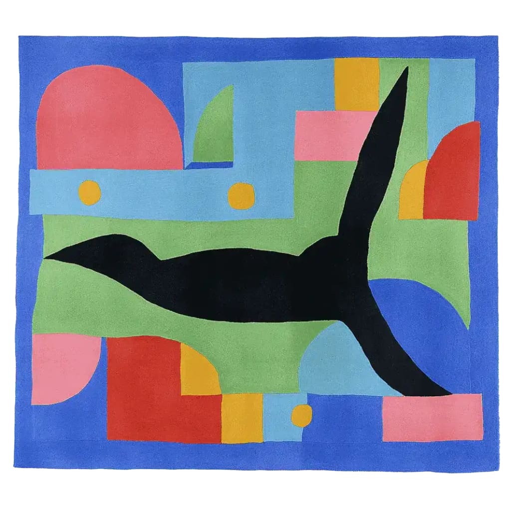 A vibrant, hand-tufted wool area rug featuring an abstract design with bold colors like blue, green, red, and pink, ideal for contemporary living rooms. This large square area rug, perfect for an 8x10 space, adds a dynamic touch to any room with its unique, artistic pattern.