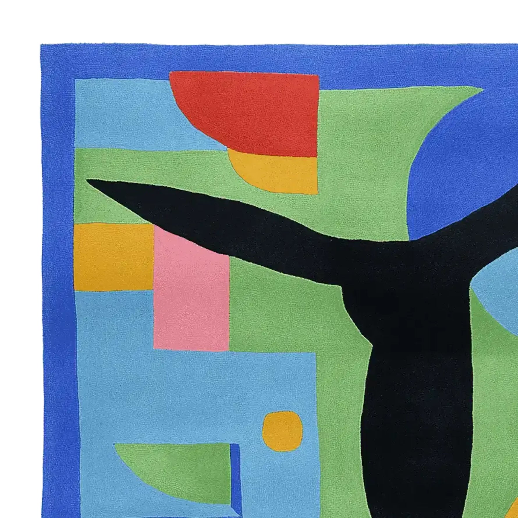 Top view of a colorful, hand-tufted area rug featuring an abstract design with bold blocks of blue, green, red, pink, and black. This contemporary wool rug is ideal for adding a vibrant touch to large living spaces, such as an 8x10 square area in a living room.