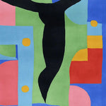 A vibrant, contemporary wool area rug featuring an abstract design with bold colors like green, blue, red, and black. This square rug adds a modern touch to any living room, perfect as a large living room rug or an 8x10 square area rug.