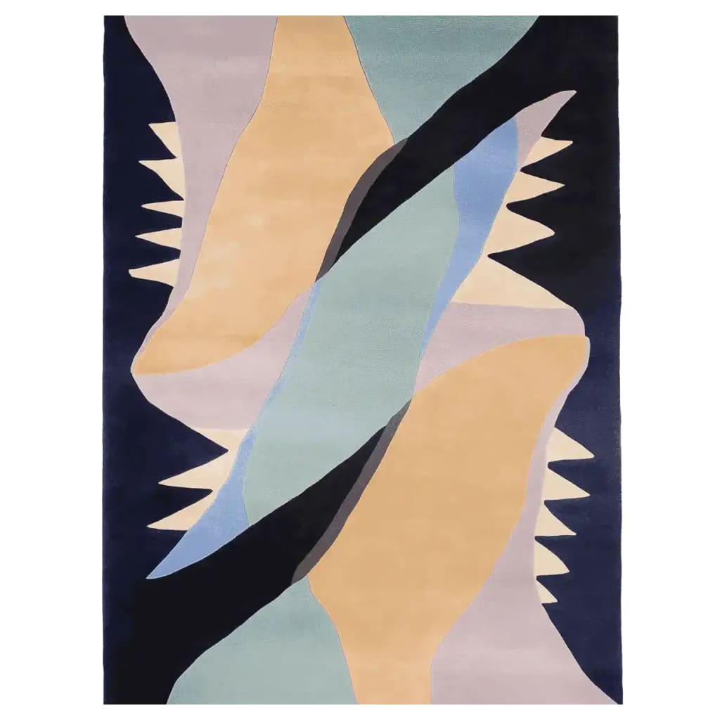 Electric Edge Flow Hand Tufted Area Rug featuring an abstract design with bold, wavy patterns in shades of blue, beige, and black. Perfect for contemporary living rooms, this wool rug adds a modern touch to any space.