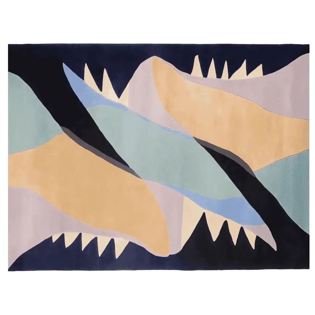 A contemporary hand-tufted wool area rug featuring an abstract design with flowing shapes in shades of beige, blue, and black. Perfect for adding a modern touch to living rooms, this rug showcases a dynamic pattern reminiscent of natural landscapes.