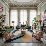 Luxurious living room with ornate ceiling, colorful rug, and modern decor.