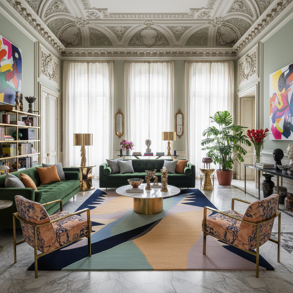 Luxurious living room with ornate ceiling, colorful rug, and modern decor.