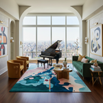 Living room with a grand piano, colorful rug, and cityscape view.