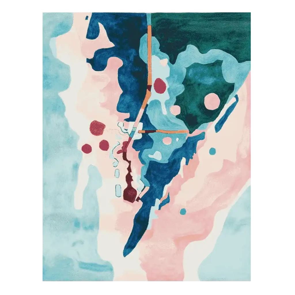 Vibrant Electric Land Pulse Hand Tufted Area Rug featuring an abstract design in shades of blue, pink, and teal, ideal for contemporary living rooms. This wool rug adds a dynamic touch to any space, making it a perfect choice for area rugs for the living room.