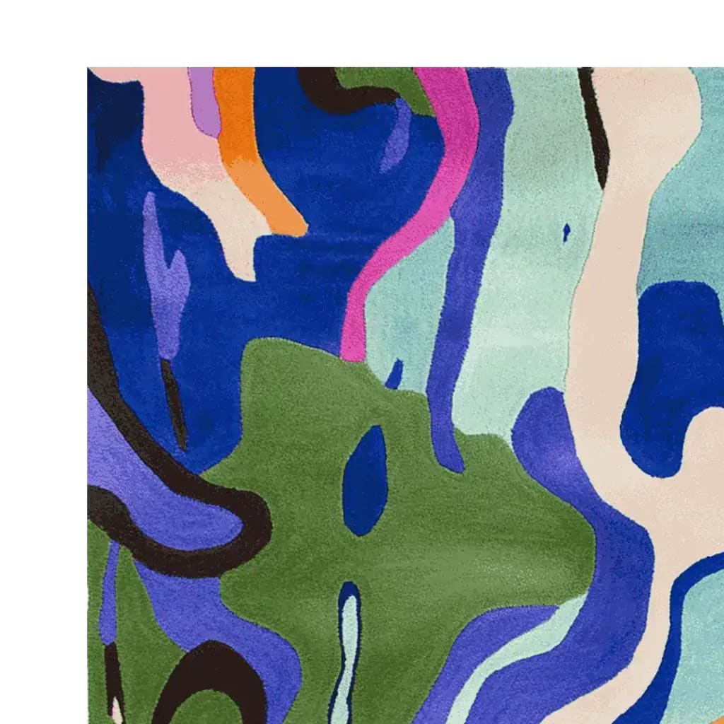 Vibrant Electric Trail Hand Tufted Rug showcasing an abstract design with bold colors like blue, green, pink, and orange. Perfect contemporary area rug for adding a splash of color to your living room. This large wool rug offers a unique artistic touch to any space, ideal for those seeking area rugs for living room decor.