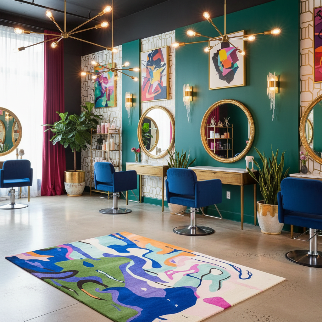 Modern salon interior with colorful decor, chairs, and artwork.