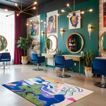 Modern salon interior with colorful decor, chairs, and artwork.