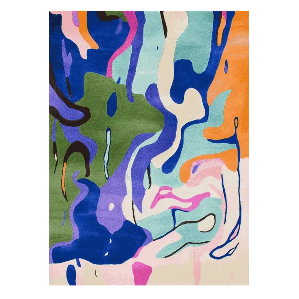 Vibrant Electric Trail Hand Tufted Area Rug featuring abstract design with bold colors such as blue, green, orange, and pink. This contemporary rug is perfect as a large living room rug, adding a splash of color and style with its unique wool texture.