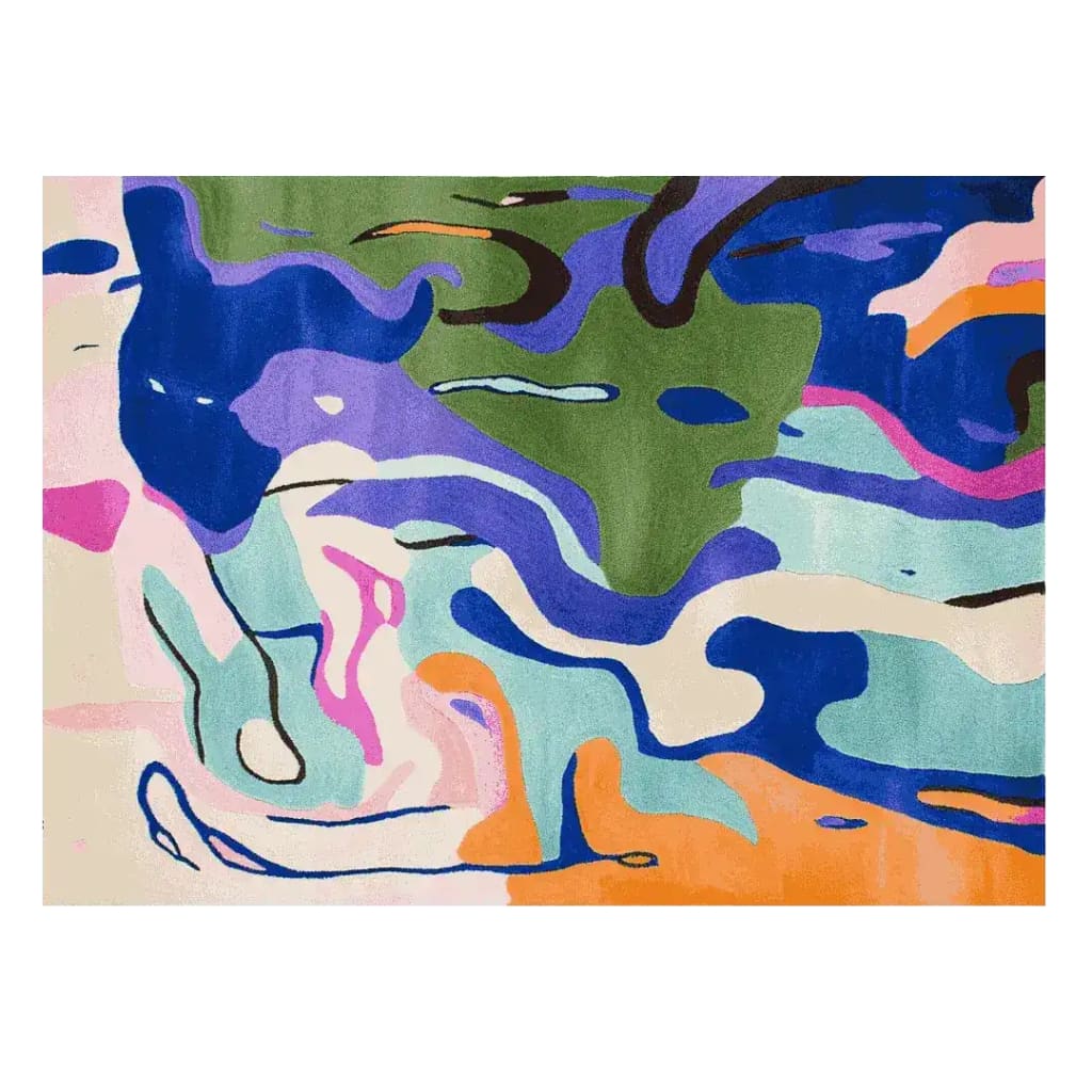 Vibrant Electric Trail Hand Tufted Area Rug featuring a contemporary abstract design with bold swirls of blue, green, orange, and pink. Ideal for adding a modern touch to large living rooms, this wool rug combines artistic flair with comfort, making it a standout piece in area rugs for living room collections.
