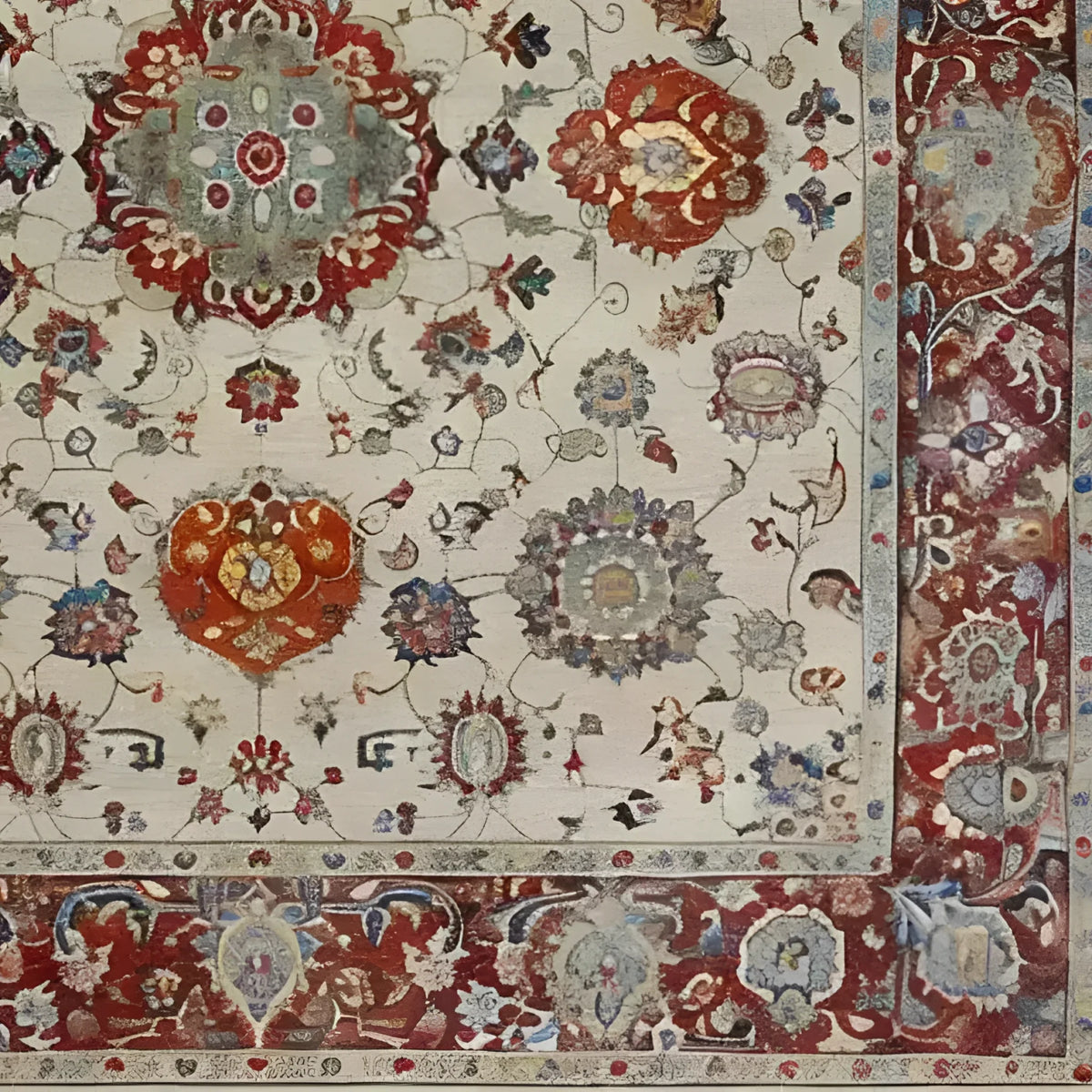 Intricately designed Elegance in Bloom hand-knotted area rug featuring vibrant floral patterns with rich red and earthy tones. The detailed border and elegant motifs create a luxurious feel, perfect for adding sophistication to any room.