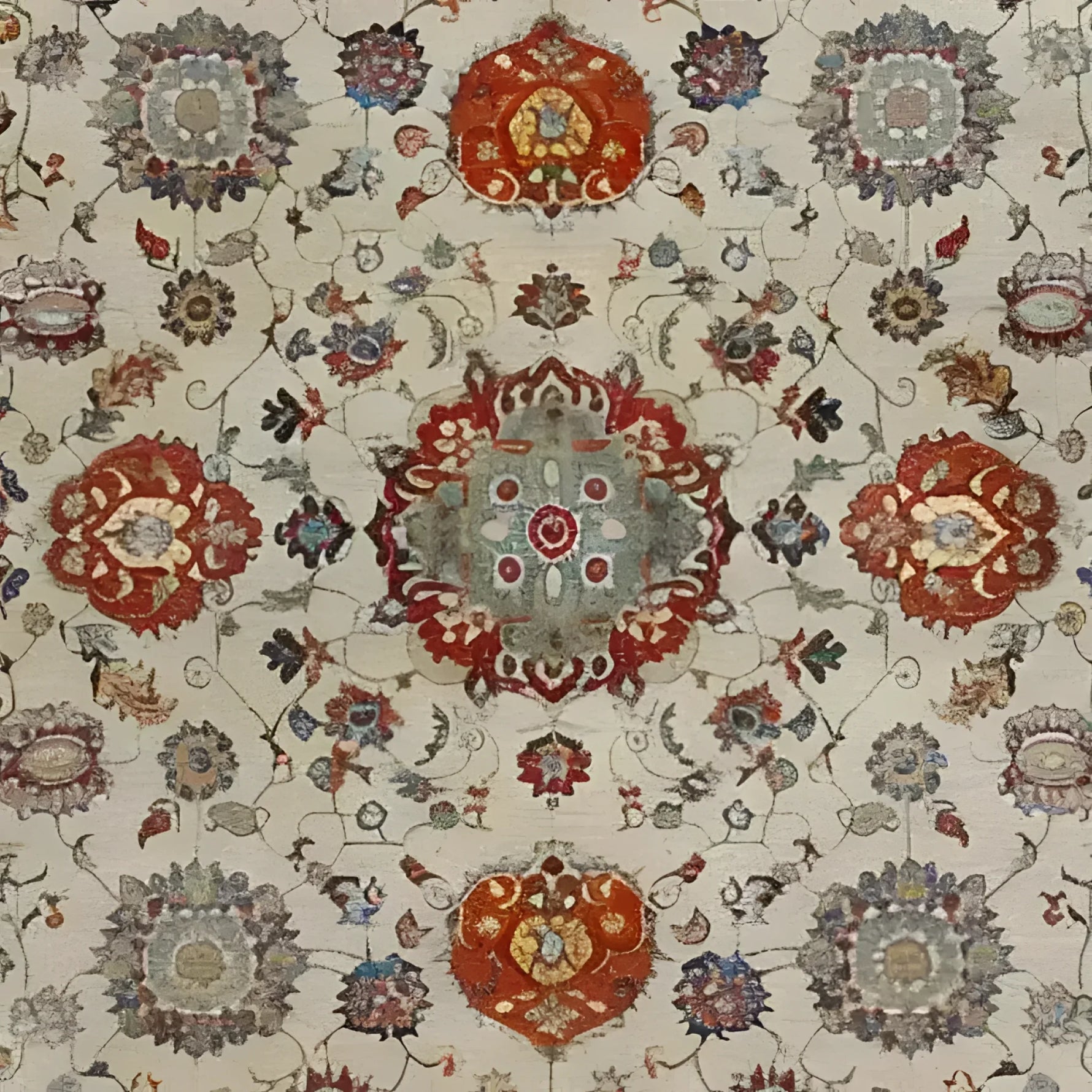 A detailed view of the Elegance in Bloom Hand Knotted Area Rug showcasing intricate floral patterns in rich reds, blues, and earthy tones. The design features a central medallion surrounded by ornate floral motifs on a neutral background, highlighting the craftsmanship and artistry of this exquisite rug.