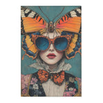 Illustrated woman with orange swallowtail butterfly headpiece cat-eye sunglasses lace cravat floral jacket on Elegance in Flight Couture Butterfly Accent Rug