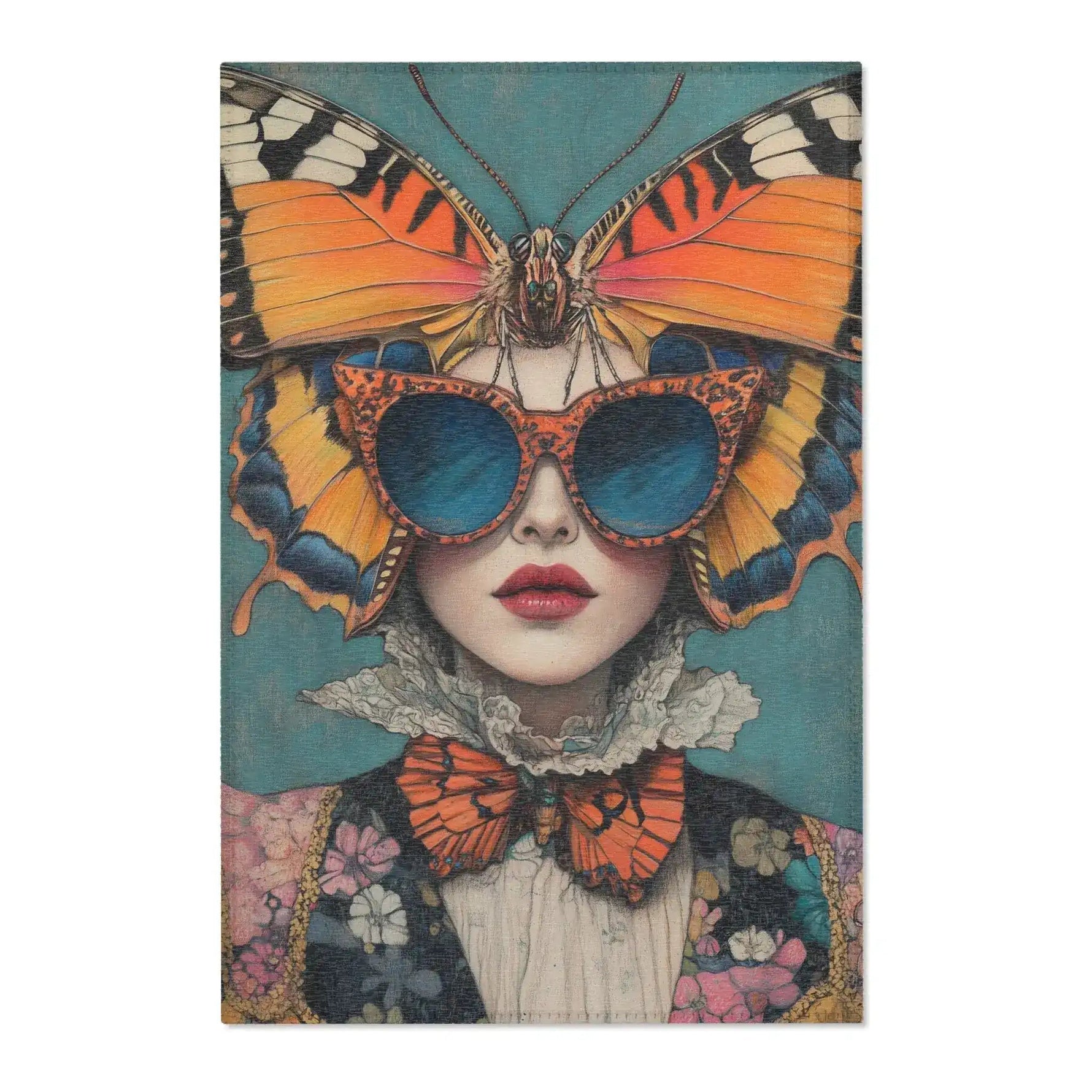 Illustrated woman with orange swallowtail butterfly headpiece cat-eye sunglasses lace cravat floral jacket on Elegance in Flight Couture Butterfly Accent Rug