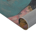 Rolled edge of Elegance in Flight Couture Butterfly Accent Rug showing teal face fabric pink floral detail and grey backing seam