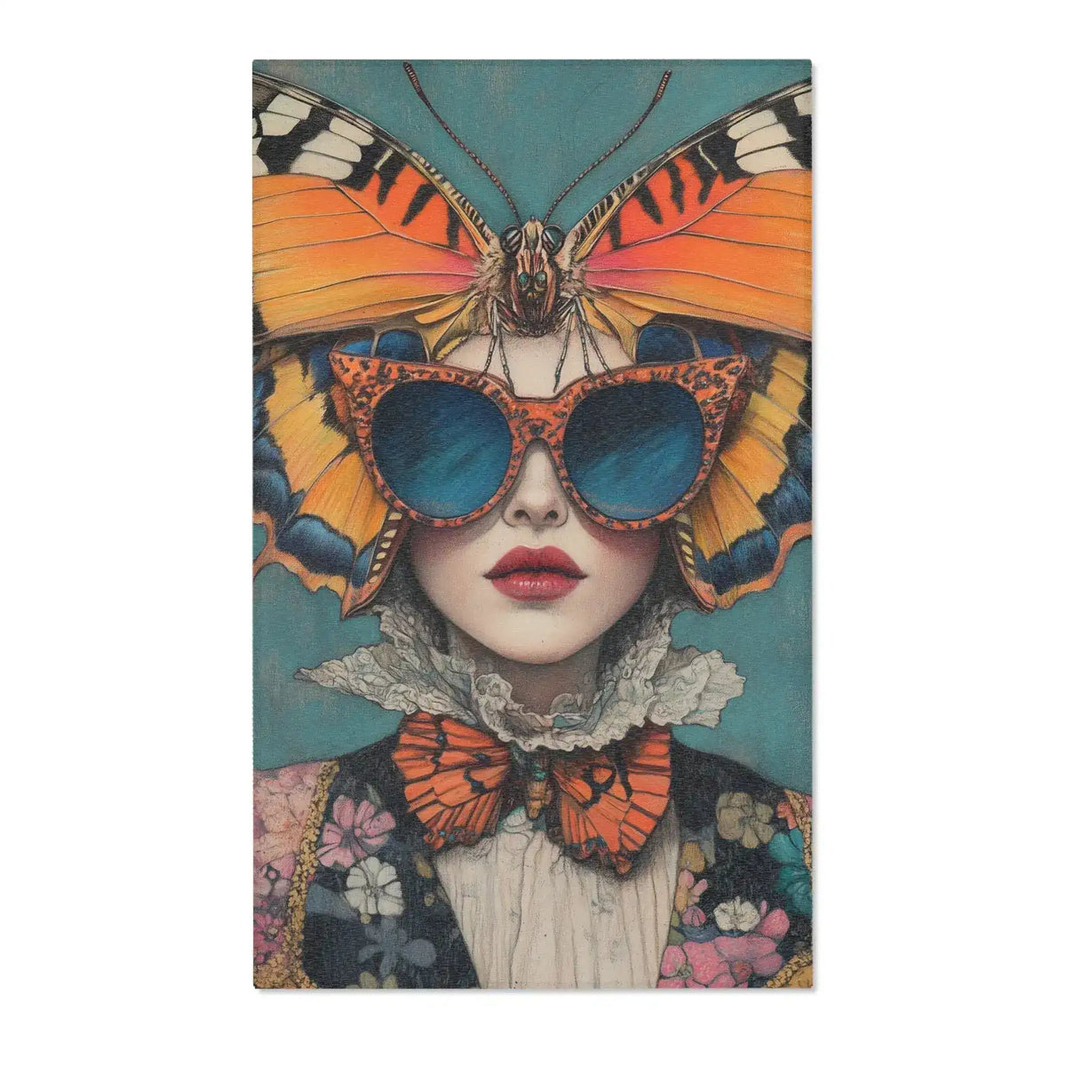 Fashion art portrait of woman wearing giant orange butterfly wing hat and blue sunglasses on Elegance in Flight Couture Butterfly Accent Rug