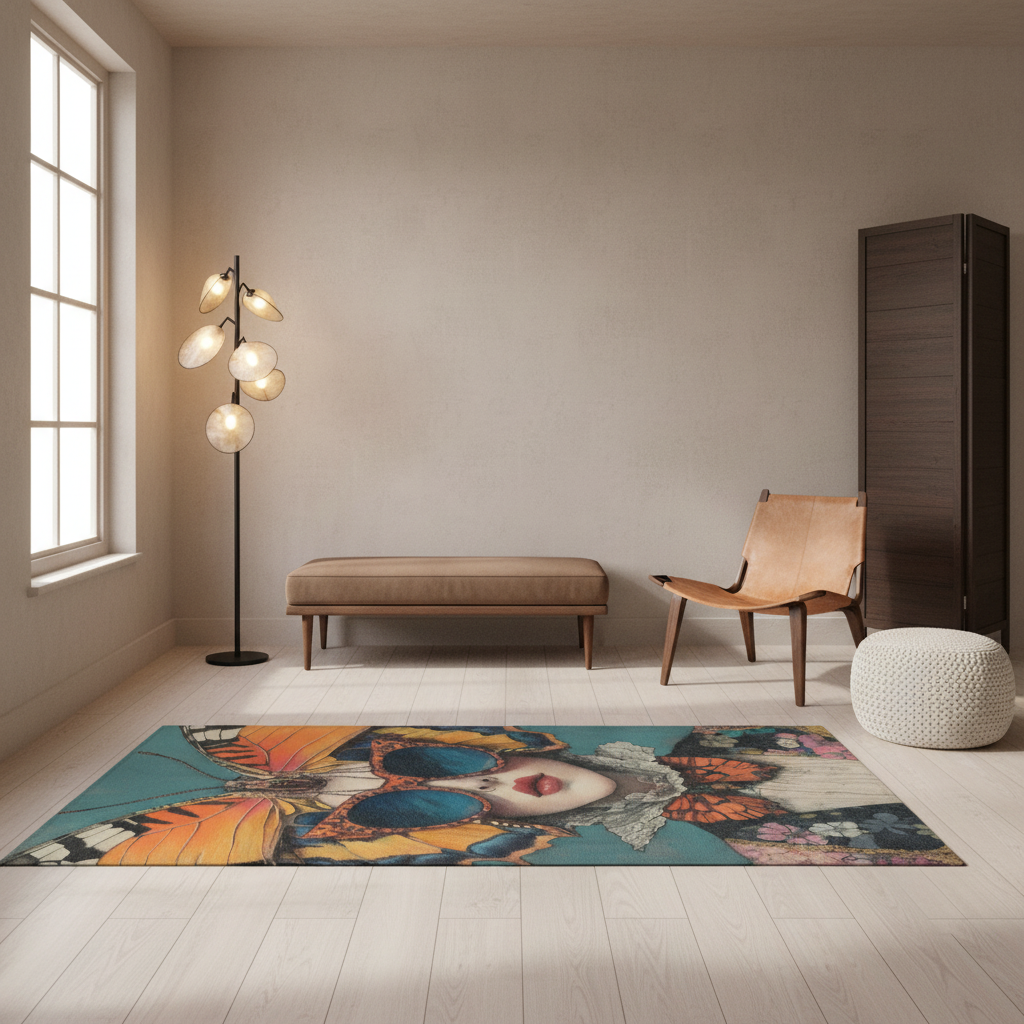 A colorful area rug with a surreal graphic print of a woman's face and butterfly wings, styled in a modern minimalist living room with a wooden chair, bench, floor lamp, and white pouf.