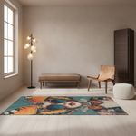 A colorful area rug with a surreal graphic print of a woman's face and butterfly wings, styled in a modern minimalist living room with a wooden chair, bench, floor lamp, and white pouf.