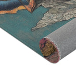 Rolled lower corner of Elegance in Flight Couture Butterfly Accent Rug showing teal face fabric and grey non-slip backing zigzag stitch