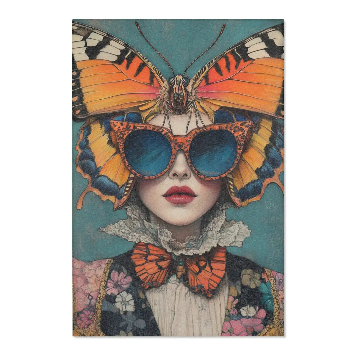 Enlarged orange butterfly wings and blue cat-eye sunglasses fashion portrait printed on Elegance in Flight Couture Butterfly Accent Rug