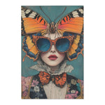 Enlarged orange butterfly wings and blue cat-eye sunglasses fashion portrait printed on Elegance in Flight Couture Butterfly Accent Rug