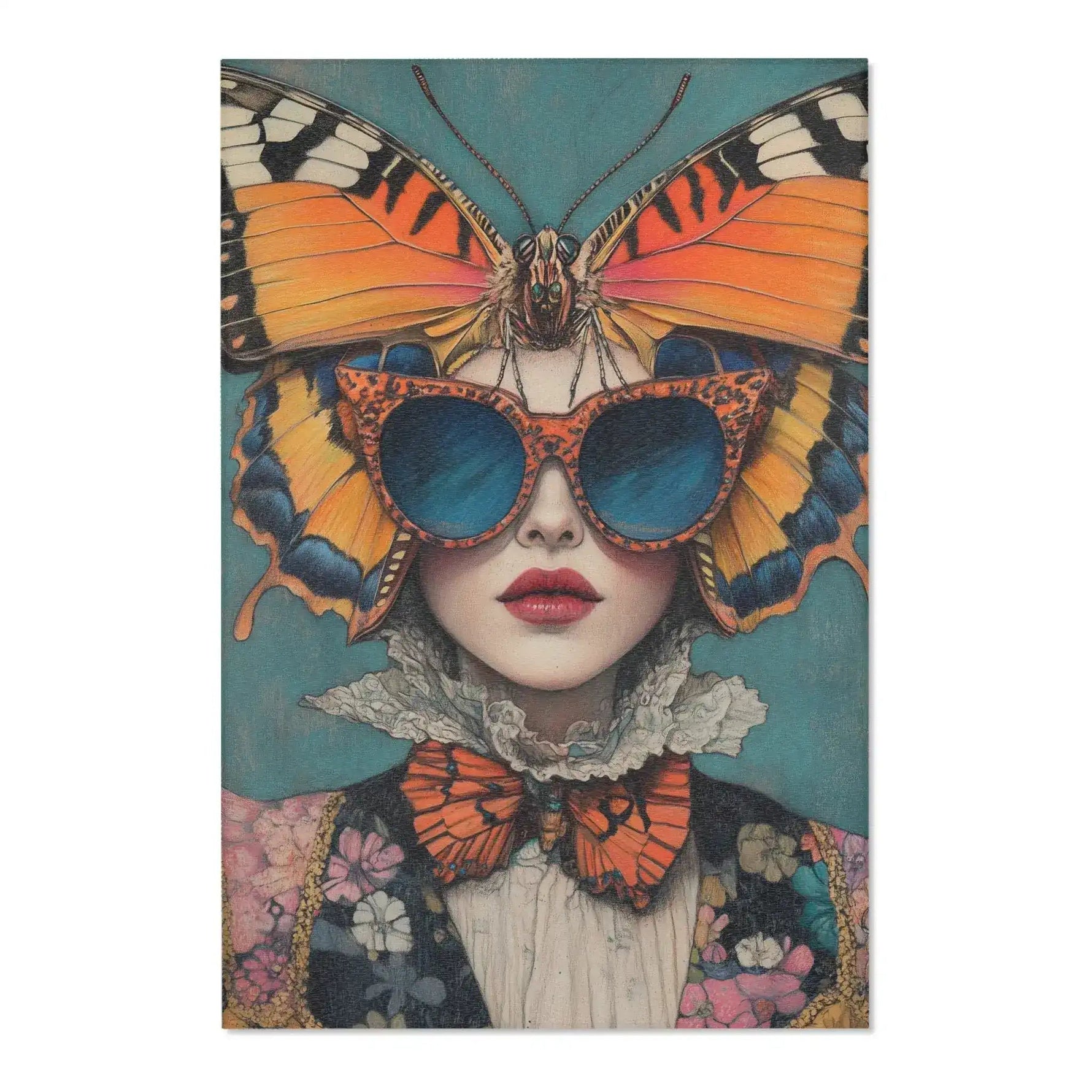 Enlarged orange butterfly wings and blue cat-eye sunglasses fashion portrait printed on Elegance in Flight Couture Butterfly Accent Rug