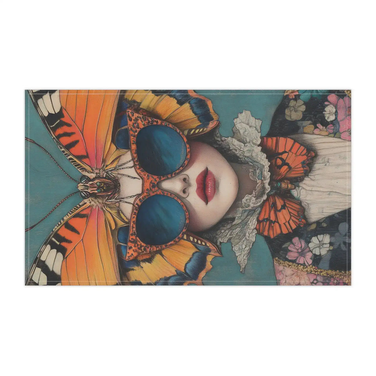 Horizontal detail of Elegance in Flight Couture Butterfly kitchen towel — orange wings flanking face with blue oval sunglasses and white lace collar