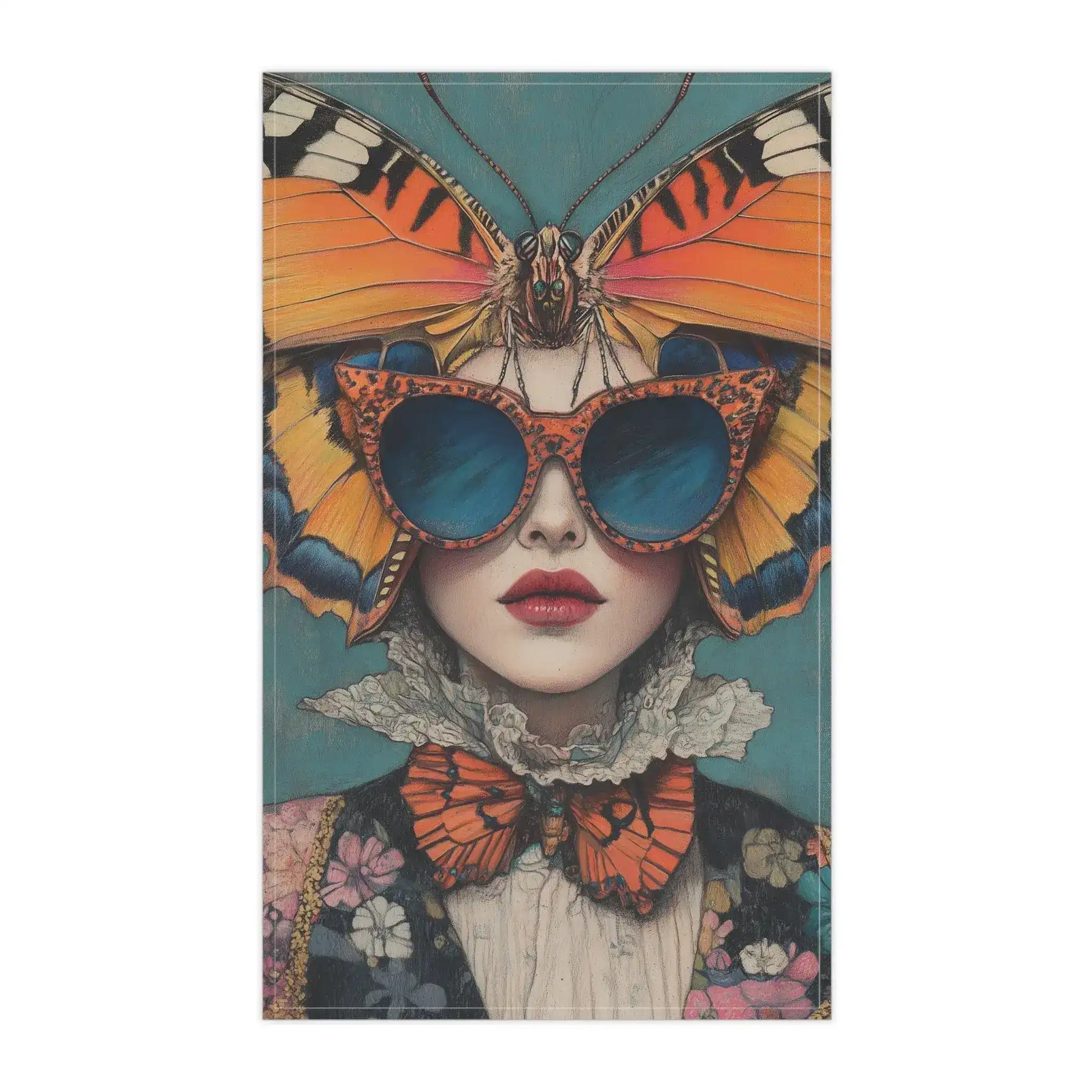 Elegance in Flight Couture Butterfly cotton kitchen towel front — tiger-stripe butterfly headpiece over woman with leopard-print sunglasses, lace collar, floral jacket on teal