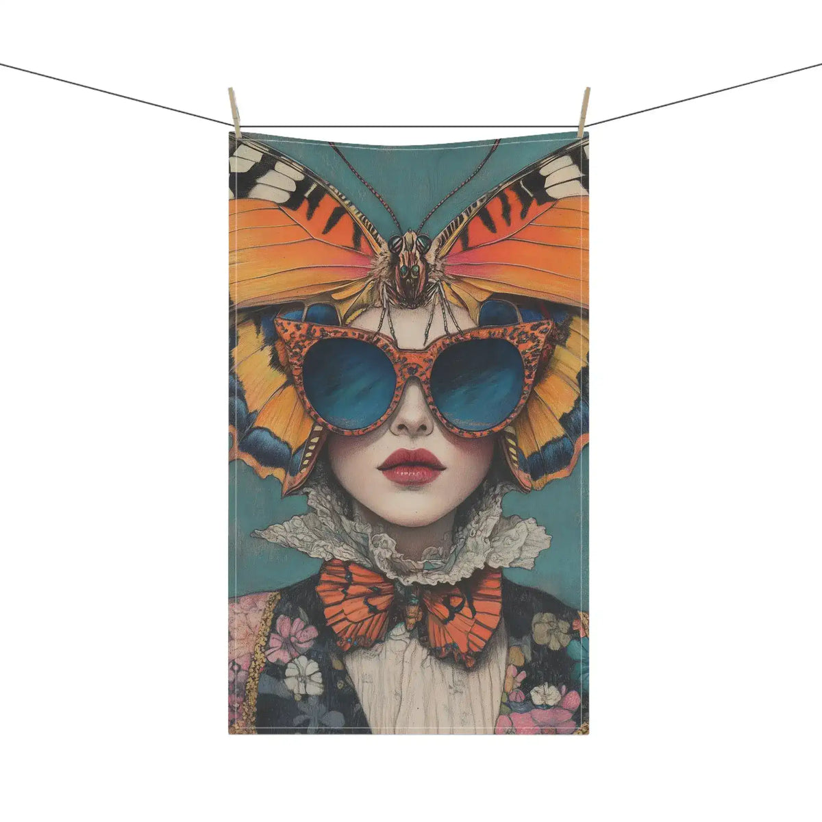 Elegance in Flight Couture Butterfly cotton kitchen towel on clothesline — full-length view of couture woman with giant butterfly headpiece and floral jacket