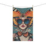 Elegance in Flight Couture Butterfly cotton kitchen towel on clothesline — full-length view of couture woman with giant butterfly headpiece and floral jacket