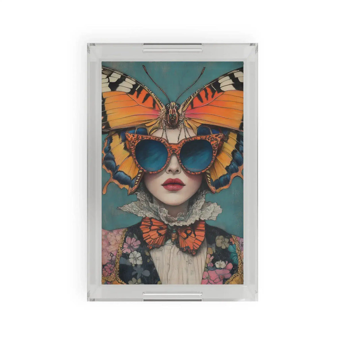 Clear acrylic Elegance in Flight Butterfly Serving Tray, woman in blue sunglasses crowned by orange butterfly wings on teal