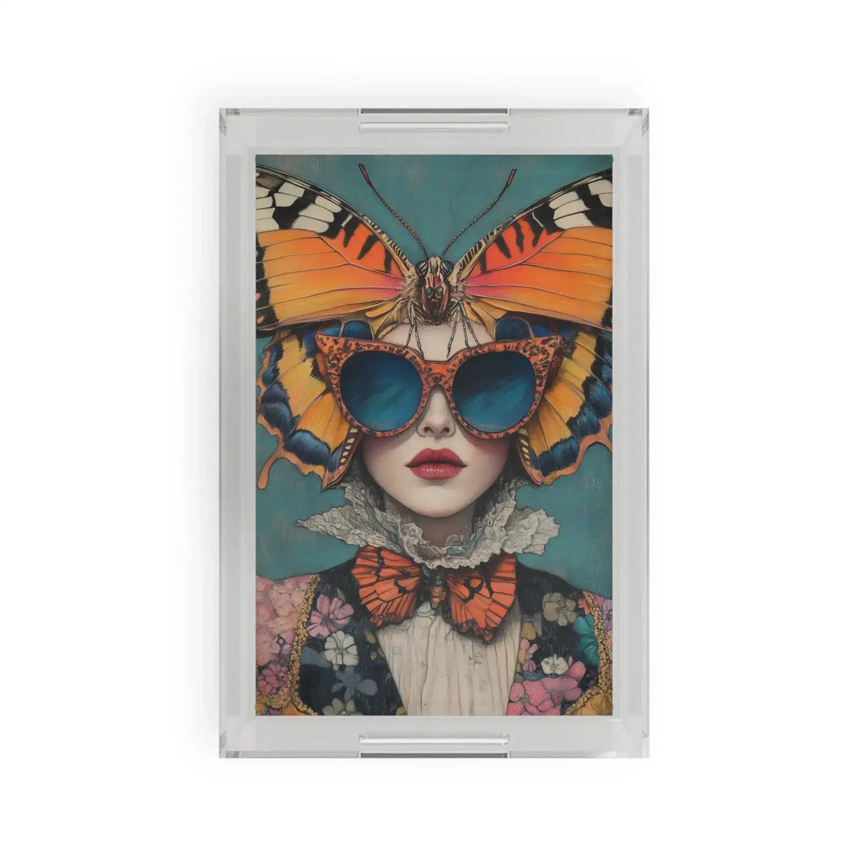 Clear acrylic Elegance in Flight Butterfly Serving Tray, woman in blue sunglasses crowned by orange butterfly wings on teal