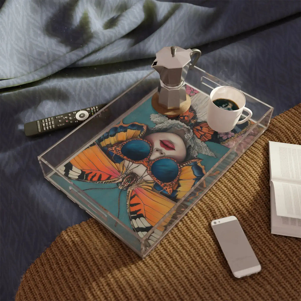 Elegance in Flight Butterfly Serving Tray on a bed with moka pot, coffee cup and phone, butterfly-woman art visible