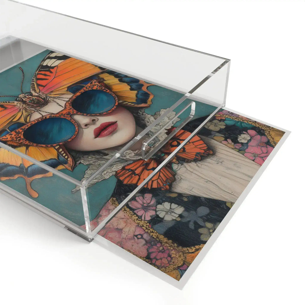 Angled Elegance in Flight Butterfly Serving Tray, lid lifted, showing butterfly-winged woman in sunglasses on teal