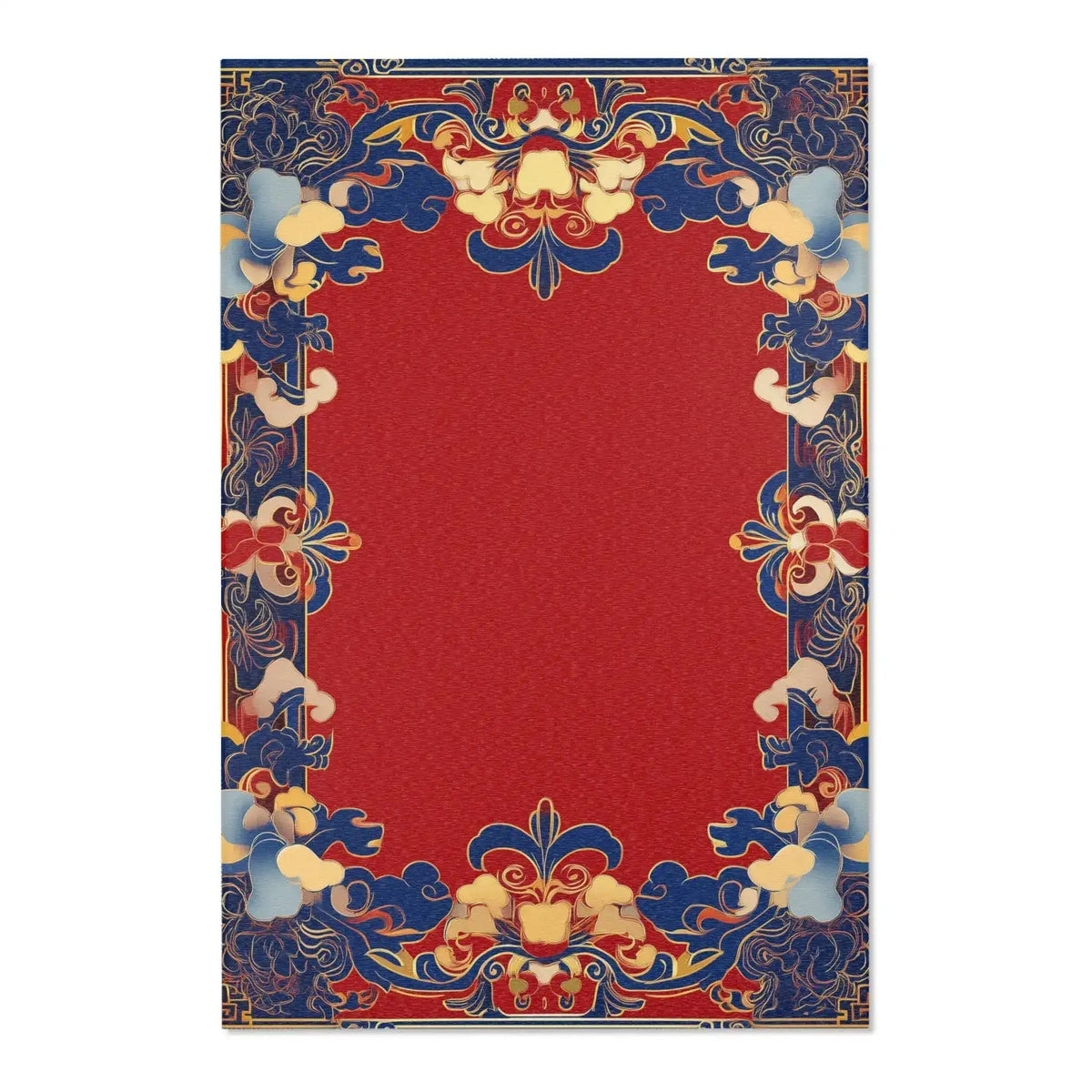 Angled flat lay of Elegant Chinoiserie Red & Blue Accent Rug with red field and blue gold scrollwork border pattern