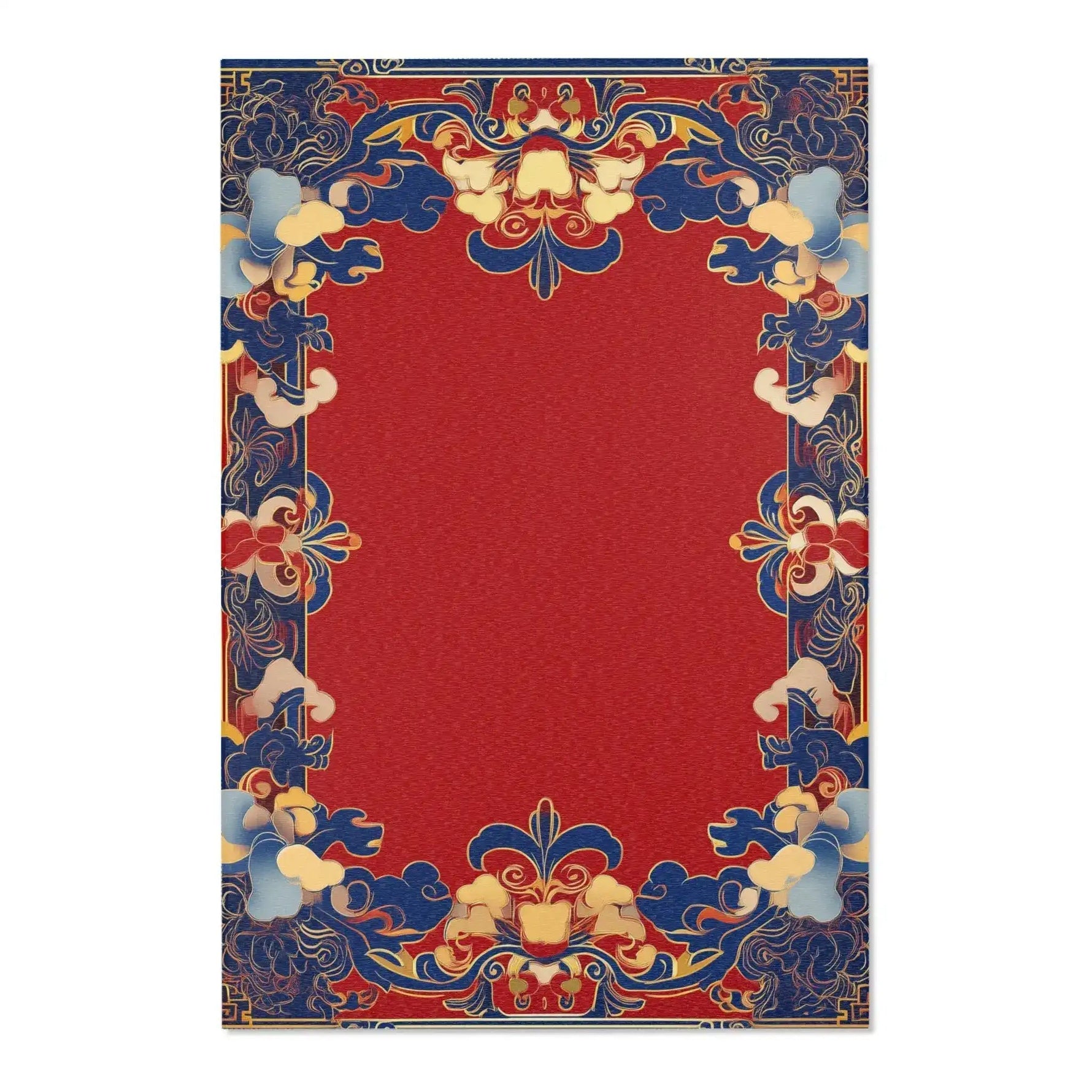 Angled flat lay of Elegant Chinoiserie Red & Blue Accent Rug with red field and blue gold scrollwork border pattern