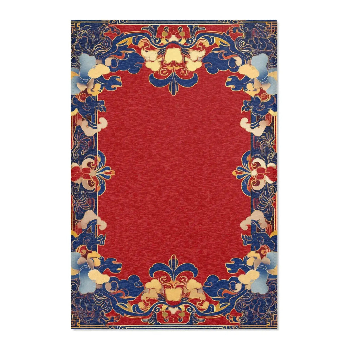 Flat overhead view of Elegant Chinoiserie Red & Blue Accent Rug showing crimson red center field with ornate blue gold floral border